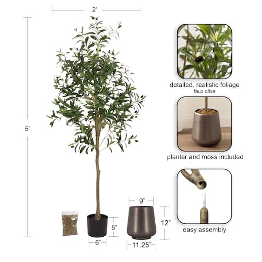 Kate and Laurel 5ft. Green Oliveira Faux Olive Tree with Round Metal Planter